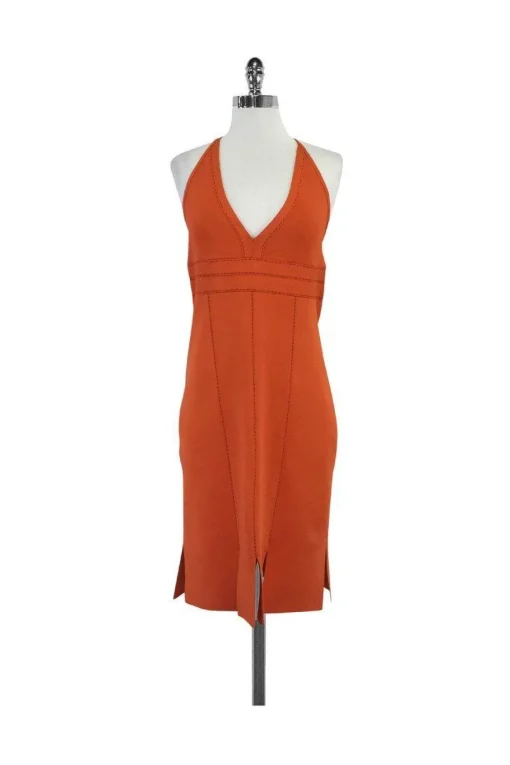Herve Leger - Orange & Brown Embroidered Halter Dress Sz L