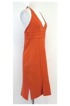 Herve Leger - Orange & Brown Embroidered Halter Dress Sz L