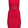 Herve Leger - Red Bandage Dress w/ Antiqued Gold Beaded Trim Sz XS