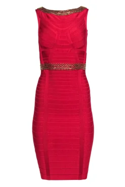 Herve Leger - Red Bandage Dress w/ Antiqued Gold Beaded Trim Sz XS
