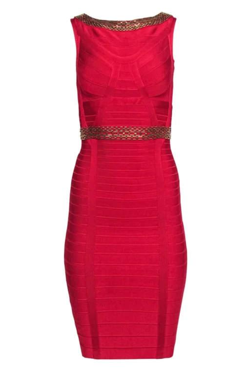 Herve Leger - Red Bandage Dress w/ Antiqued Gold Beaded Trim Sz XS