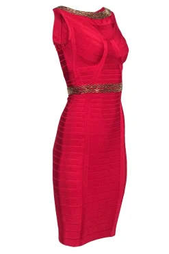 Herve Leger - Red Bandage Dress w/ Antiqued Gold Beaded Trim Sz XS