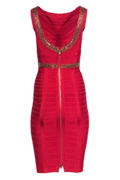 Herve Leger - Red Bandage Dress w/ Antiqued Gold Beaded Trim Sz XS