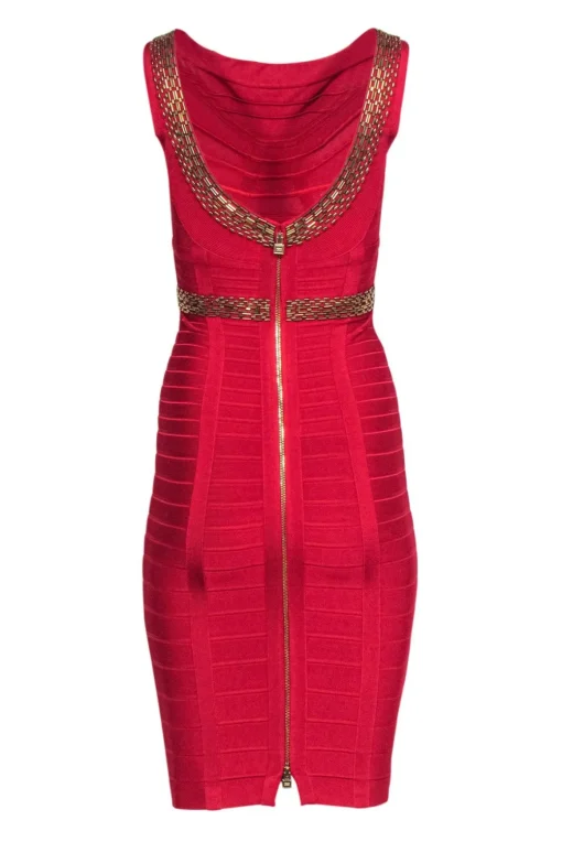 Herve Leger - Red Bandage Dress w/ Antiqued Gold Beaded Trim Sz XS
