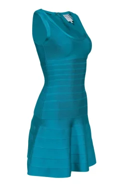 Herve Leger - Turquoise Sleeveless Fit & Flare Bandage Dress Sz S