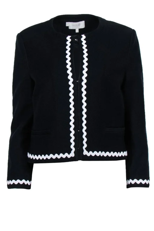 Hobbs - Black Woven Cropped Jacket w/ Wavy Trim Sz 12