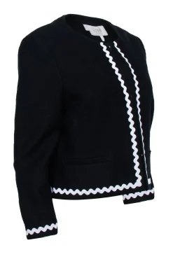 Hobbs - Black Woven Cropped Jacket w/ Wavy Trim Sz 12