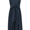 Hobbs - Navy Textured Striped Cap Sleeve Midi Dress w/ Back Tie Sz 4