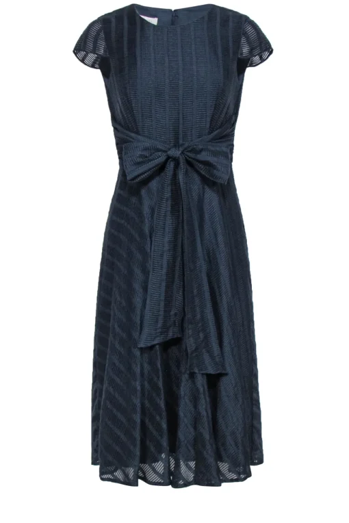 Hobbs - Navy Textured Striped Cap Sleeve Midi Dress w/ Back Tie Sz 4