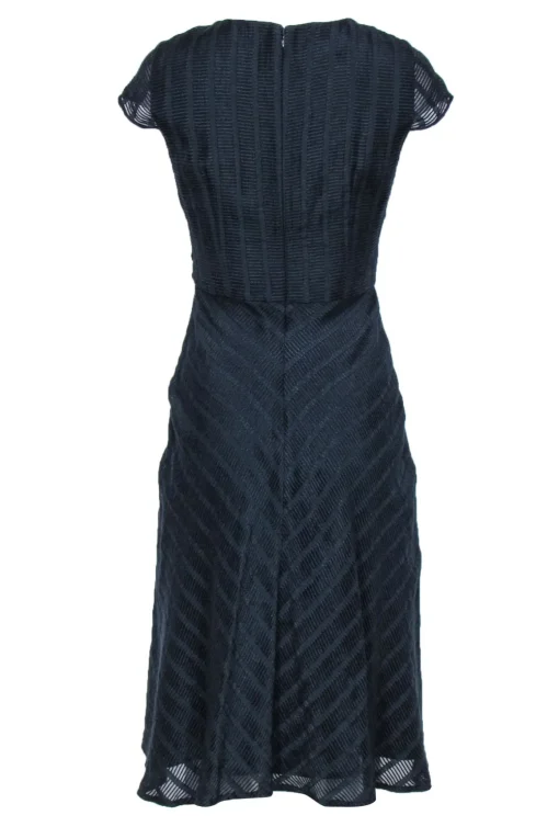 Hobbs - Navy Textured Striped Cap Sleeve Midi Dress w/ Back Tie Sz 4