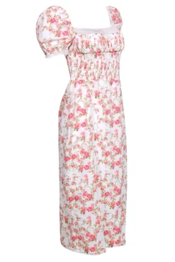 House of CB - Ivory w/ Rose Print Puff Sleeve Dress Sz L