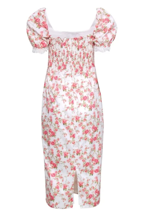 House of CB - Ivory w/ Rose Print Puff Sleeve Dress Sz L