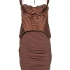 House of CB - Tan Ruched Sleeveless Corset Bodice Dress Sz L
