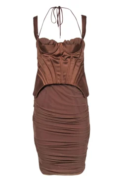 House of CB - Tan Ruched Sleeveless Corset Bodice Dress Sz L