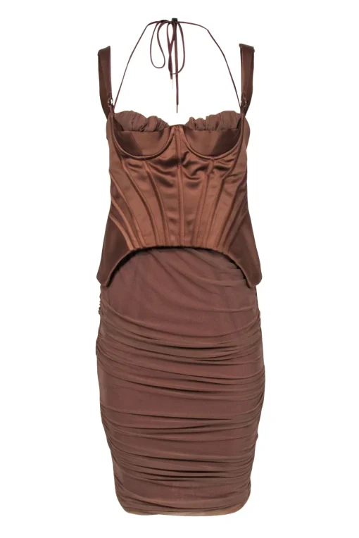House of CB - Tan Ruched Sleeveless Corset Bodice Dress Sz L