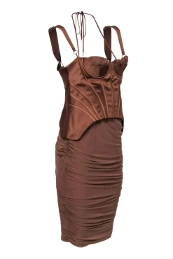 House of CB - Tan Ruched Sleeveless Corset Bodice Dress Sz L