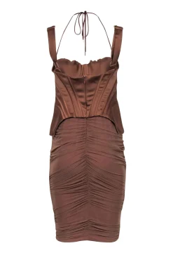 House of CB - Tan Ruched Sleeveless Corset Bodice Dress Sz L