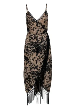 House of Harlow - Beige & Black Vintage Floral Print Wrap Dress w/ Fringe Trim Sz S