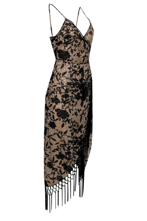 House of Harlow - Beige & Black Vintage Floral Print Wrap Dress w/ Fringe Trim Sz S