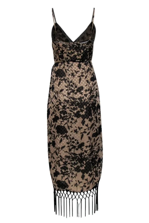 House of Harlow - Beige & Black Vintage Floral Print Wrap Dress w/ Fringe Trim Sz S