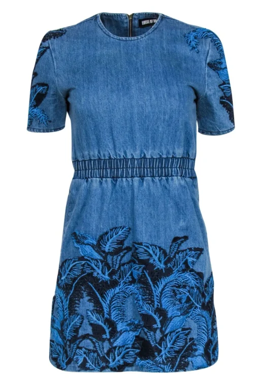 House of Holland - Medium Wash Denim Short Sleeve Dress w/ Embroidery Sz 2