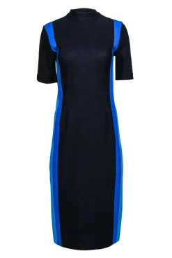 Hugo Boss - Navy & Blue Mock Neck Fitted Midi Dress Sz L