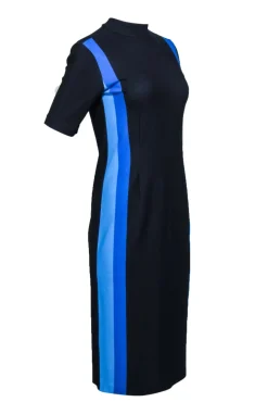 Hugo Boss - Navy & Blue Mock Neck Fitted Midi Dress Sz L