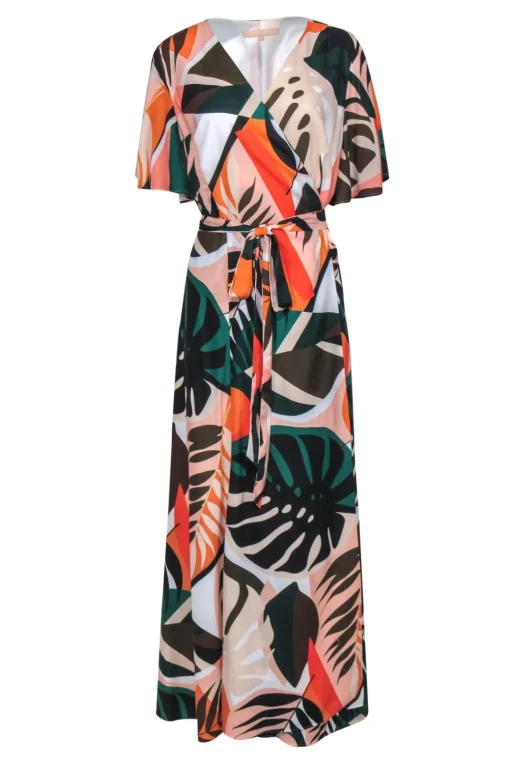 Hutch - Multicolor Leaf Print Short Sleeve Wrap Maxi Dress Sz 1X