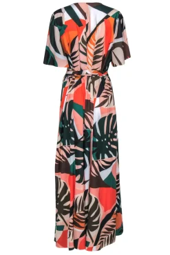 Hutch - Multicolor Leaf Print Short Sleeve Wrap Maxi Dress Sz 1X