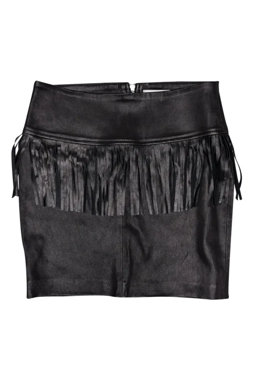IRO - Black Lamb Leather Fringe Trim Mini Skirt Sz 6