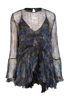 IRO - Blue, Dark Green, & Pink Print Semi-Sheer Long Sleeve Blouse Sz 8