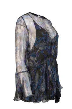 IRO - Blue, Dark Green, & Pink Print Semi-Sheer Long Sleeve Blouse Sz 8