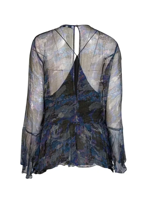 IRO - Blue, Dark Green, & Pink Print Semi-Sheer Long Sleeve Blouse Sz 8
