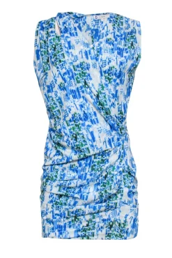 IRO - Blue, White & Green Abstract Print Ruched Shift Dress w/ Shoulder Cutouts Sz 4