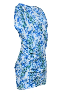 IRO - Blue, White & Green Abstract Print Ruched Shift Dress w/ Shoulder Cutouts Sz 4