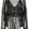 IRO - Green Printed Sheer Ruffle Blouse Size S/M