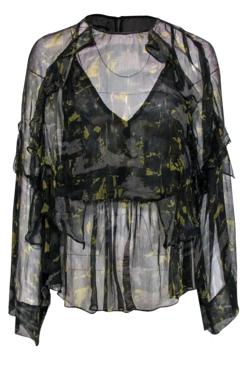 IRO - Green Printed Sheer Ruffle Blouse Size S/M