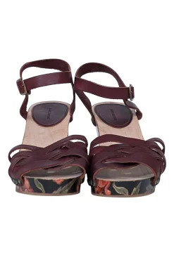 Isabel Marant - Maroon & Floral Print Wooden Strappy Sandals Sz 9