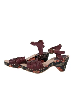 Isabel Marant - Maroon & Floral Print Wooden Strappy Sandals Sz 9