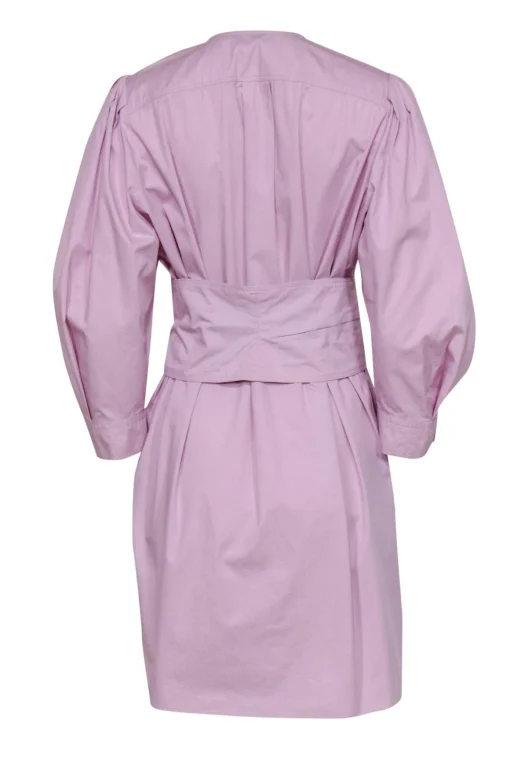 Isabel Marant - Pink Puff Sleeve Half Button-Up Belted Shirt Dress Sz M