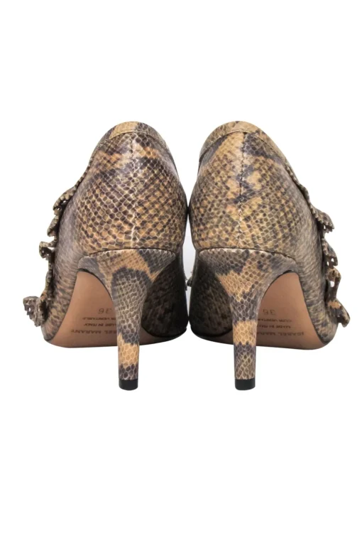 Isabel Marant - Tan & Brown Snakeskin-Embossed Leather Pumps w/ Ruffle Sz 6