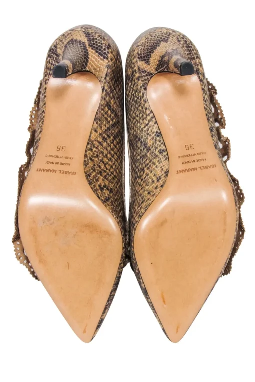 Isabel Marant - Tan & Brown Snakeskin-Embossed Leather Pumps w/ Ruffle Sz 6