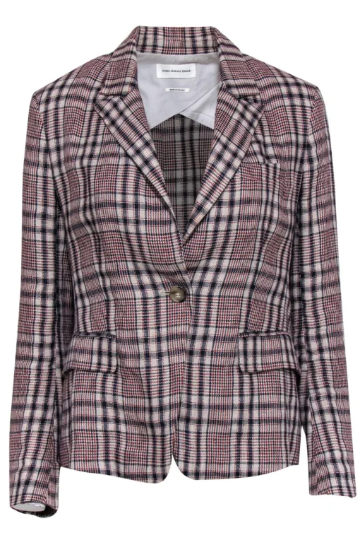 Isabel Marant Etoile - Beige, Red & Navy Plaid Buttoned Linen Blazer Sz 6