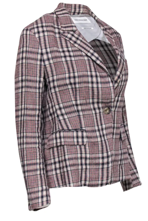 Isabel Marant Etoile - Beige, Red & Navy Plaid Buttoned Linen Blazer Sz 6