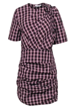 Isabel Marant Etoile - Black w/ Red & Cream "Oria" Shirred Check-Print Dress Sz 10