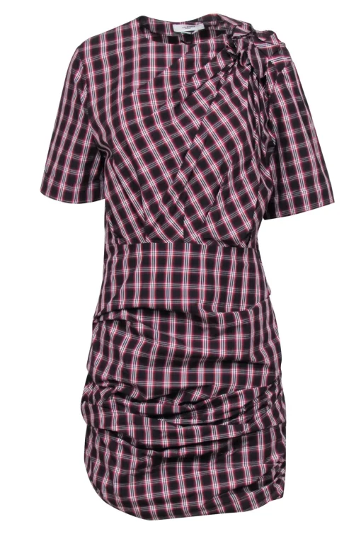Isabel Marant Etoile - Black w/ Red & Cream "Oria" Shirred Check-Print Dress Sz 10