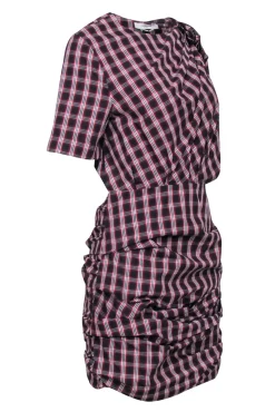 Isabel Marant Etoile - Black w/ Red & Cream "Oria" Shirred Check-Print Dress Sz 10