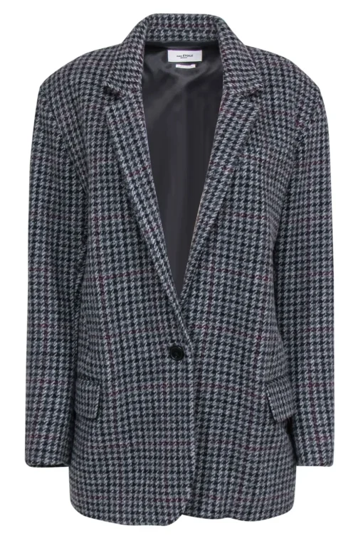 Isabel Marant Etoile - Charcoal, Black & Maroon Houndstooth Buttoned Wool Coat Sz 4