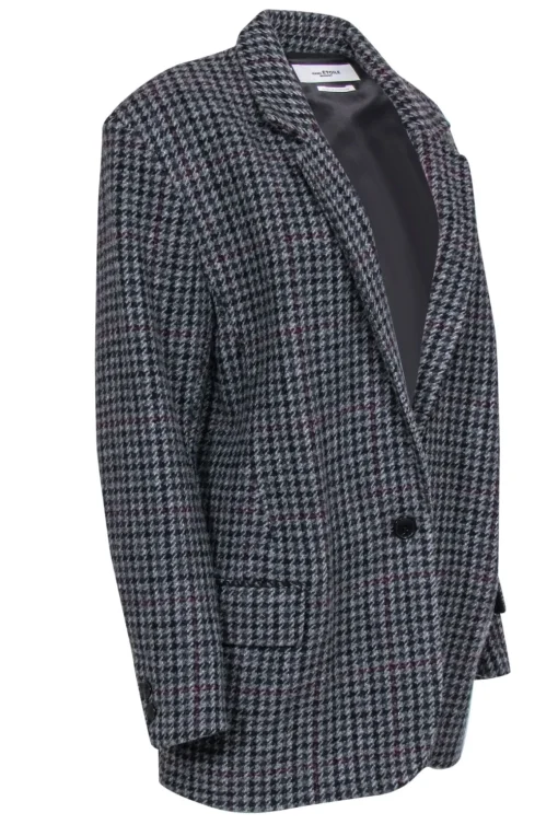 Isabel Marant Etoile - Charcoal, Black & Maroon Houndstooth Buttoned Wool Coat Sz 4