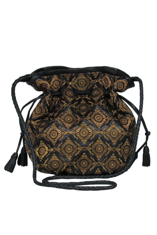 Isabella Fiore - Black Leather & Gold Embroidered "Grace" Bucket Bag